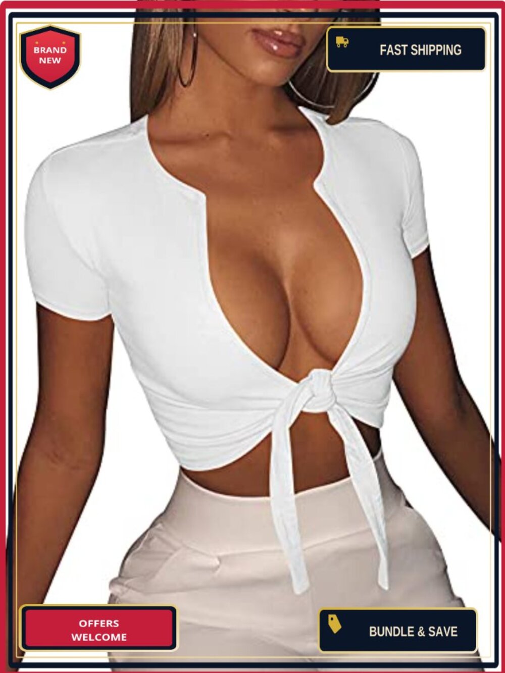 Women's Deep V Neck Tie Front Crop Top Short Sleeve Polyester Spandex